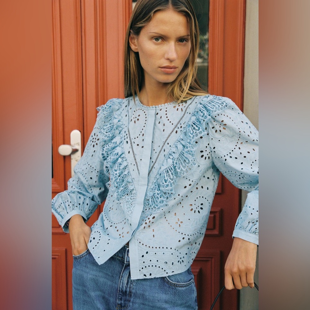 Zara Perforated Embroidery Shirt | Pastel Blue | Sz XS | NWT - Picture 3 of 10
